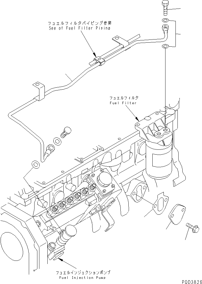 Komatsu parts book diagram for S6D102E-1W-D S/N 26200929-UP: CYLINDER BLOCK BLIND COVER AND FUEL FILTER PIPING