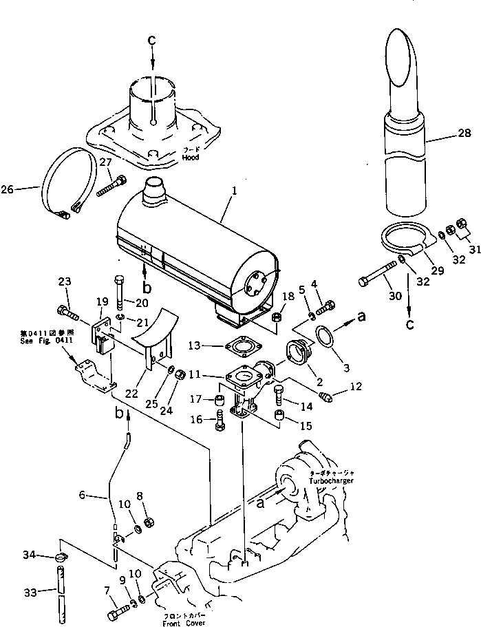 Engines Komatsu / S6D105-1AH S/N 94066-UP(s6d1056r) / MUFFLER AND MOUNTING (TUNNEL SPEC.)(#94068-)(030090 : 0162)