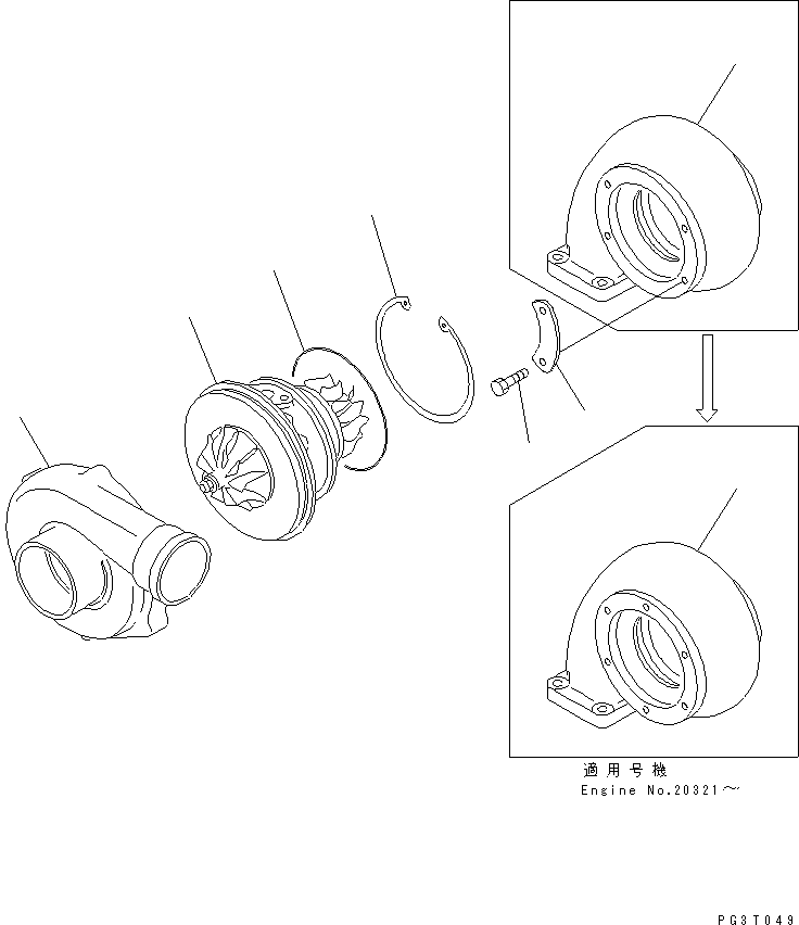 Komatsu parts book diagram for S6D108-1G-6 S/N 10001-UP: TURBOCHARGER (INNER PARTS)(#15614-)