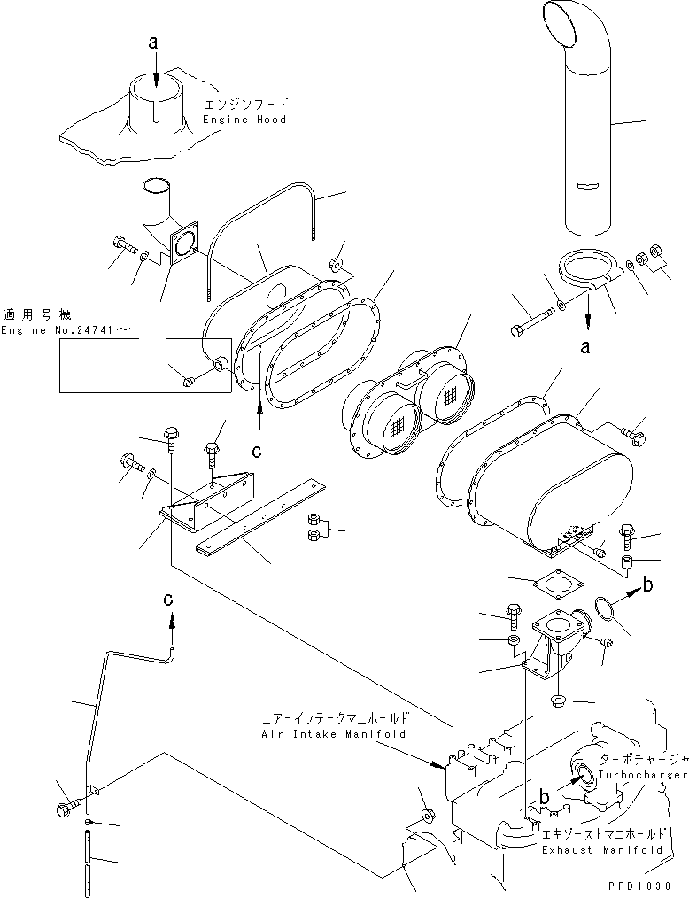 Komatsu parts book diagram for S6D108E-2A-N6 S/N 19030-UP: MUFFLER (CERAMIC TYPE) (FOR MECHANICAL GOVERNOR)(#21560-27866)