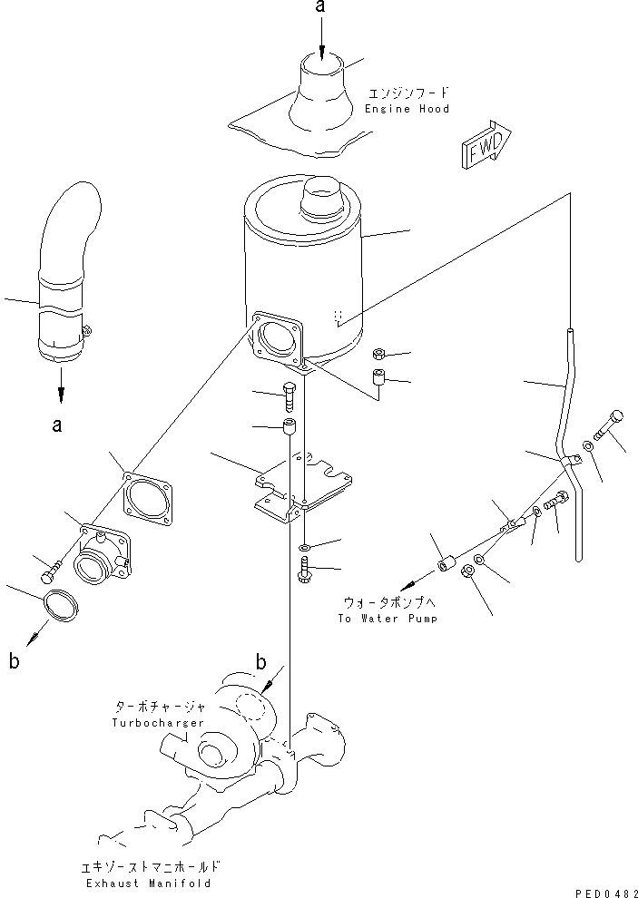 Komatsu parts book diagram for S6D125E-2H S/N 60863-UP: MUFFLER (BLACK EXHAUST PIPE¤ 860MM) (WITHOUT COVER)(#61582-81642)