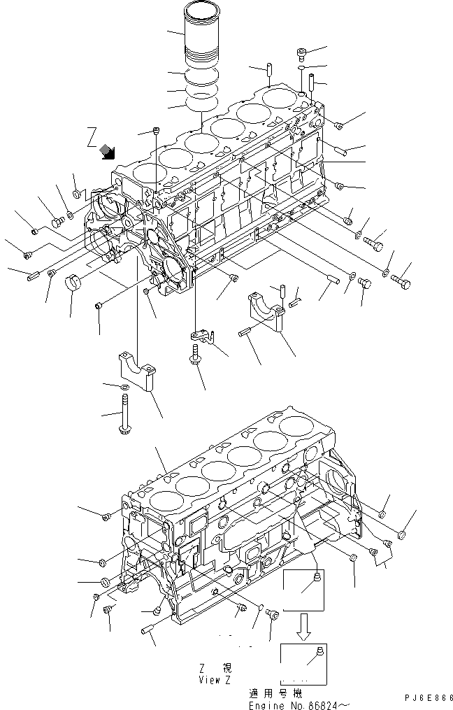 Komatsu parts book diagram for S6D125E-2C-6 S/N 60721-UP: CYLINDER BLOCK(#76476-)