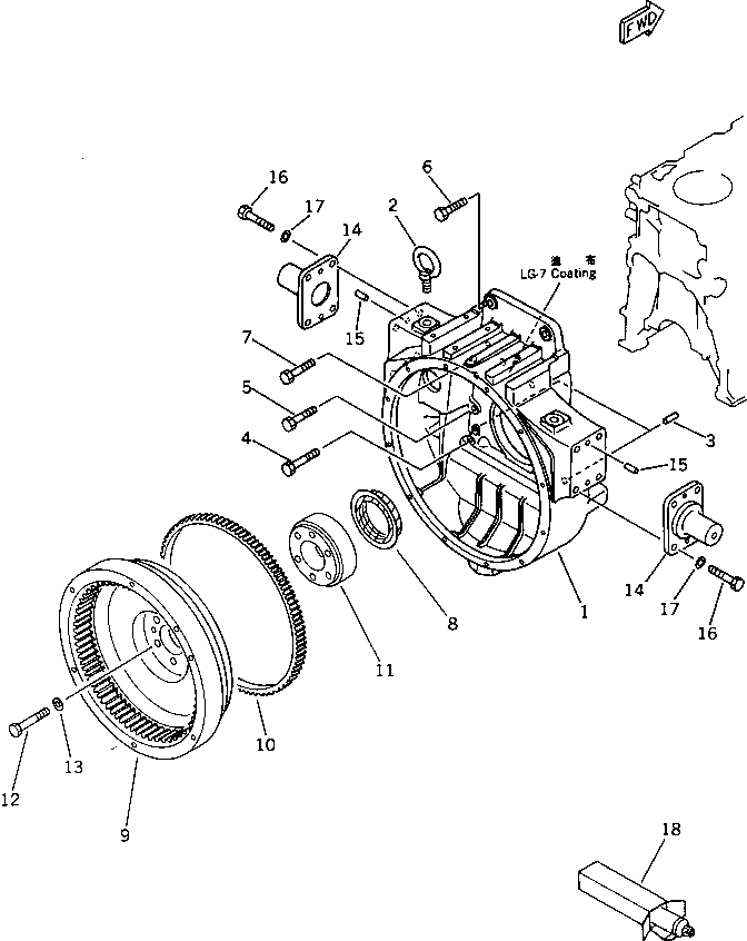 Komatsu parts book diagram for S6D125-1E S/N 10001-UP: FLYWHEEL AND FLYWHEEL HOUSING (NOISE SUPPRESSION SPEC. FOR EC)(#33163-)