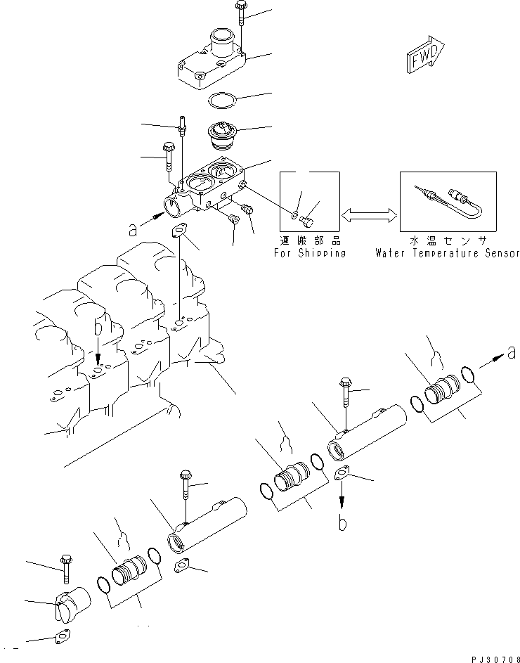 Komatsu parts book diagram for S6D125-1KK S/N 26750-UP: WATER MANIFOLD AND THERMOSTAT