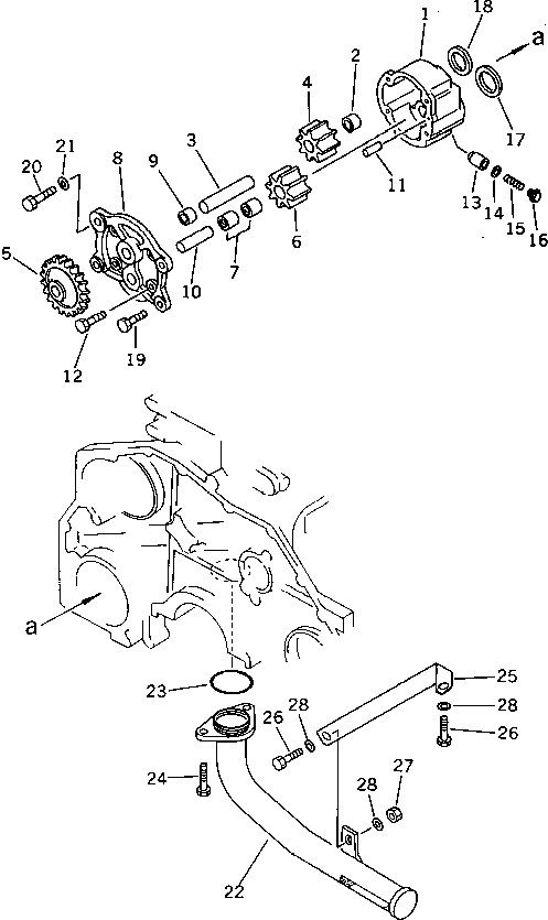 Komatsu parts book diagram for S6D125-1KK S/N 26750-UP: LUBRICATING OIL PUMP AND SUCTION PIPE