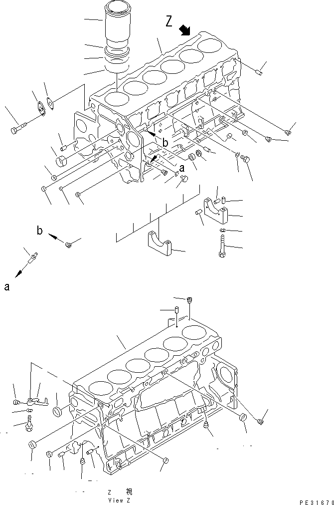 Komatsu parts book diagram for S6D140-1Z S/N 17626-UP: CYLINDER BLOCK (1/2)