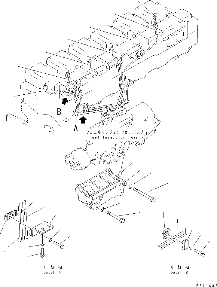 Komatsu parts book diagram for S6D140-1Z S/N 17626-UP: INJECTION BRACKET AND PIPING