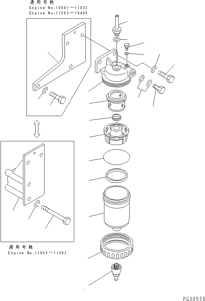 Komatsu parts book diagram for S6D140-1A S/N 10001-UP: WATER SEPARATOR  AND MOUNTING(#10001-16405)