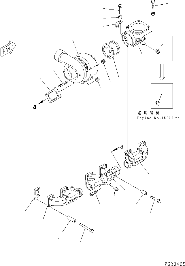 Komatsu parts book diagram for S6D140-1A S/N 10001-UP: EXHAUST MANIFOLD AND TURBOCHARGER