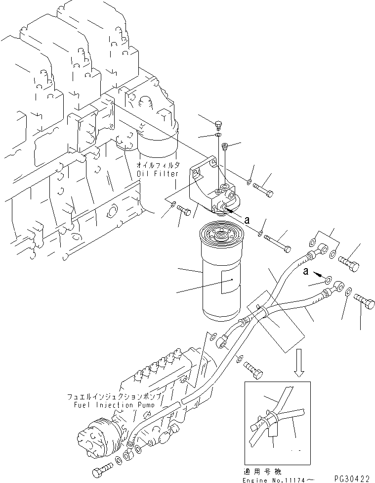 Komatsu parts book diagram for S6D140-1A S/N 10001-UP: FUEL FILTER AND PIPING
