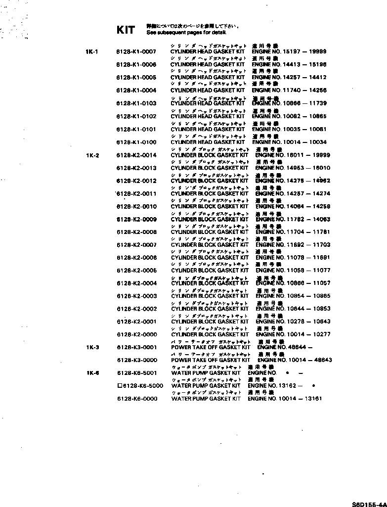 Engines Komatsu / S6D155-4A S/N 10014-UP(s6d155-c) / GASKET KIT(#10014-19999)(180010 : 9991)