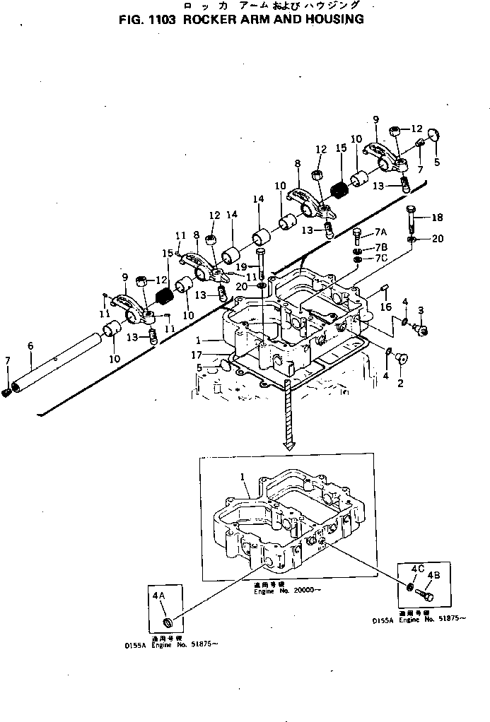 Komatsu parts book diagram for S6D155-4C S/N 10011-UP: ROCKER ARM AND HOUSING