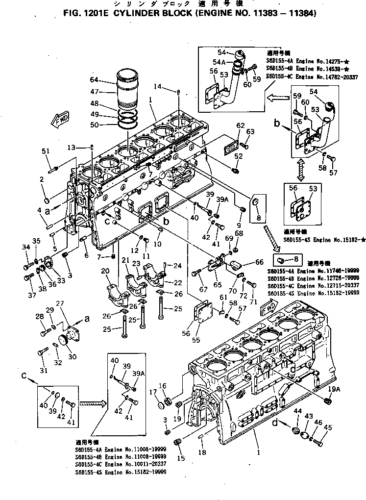 Komatsu parts book diagram for S6D155-4C S/N 10011-UP: CYLINDER BLOCK(#11383-11384)