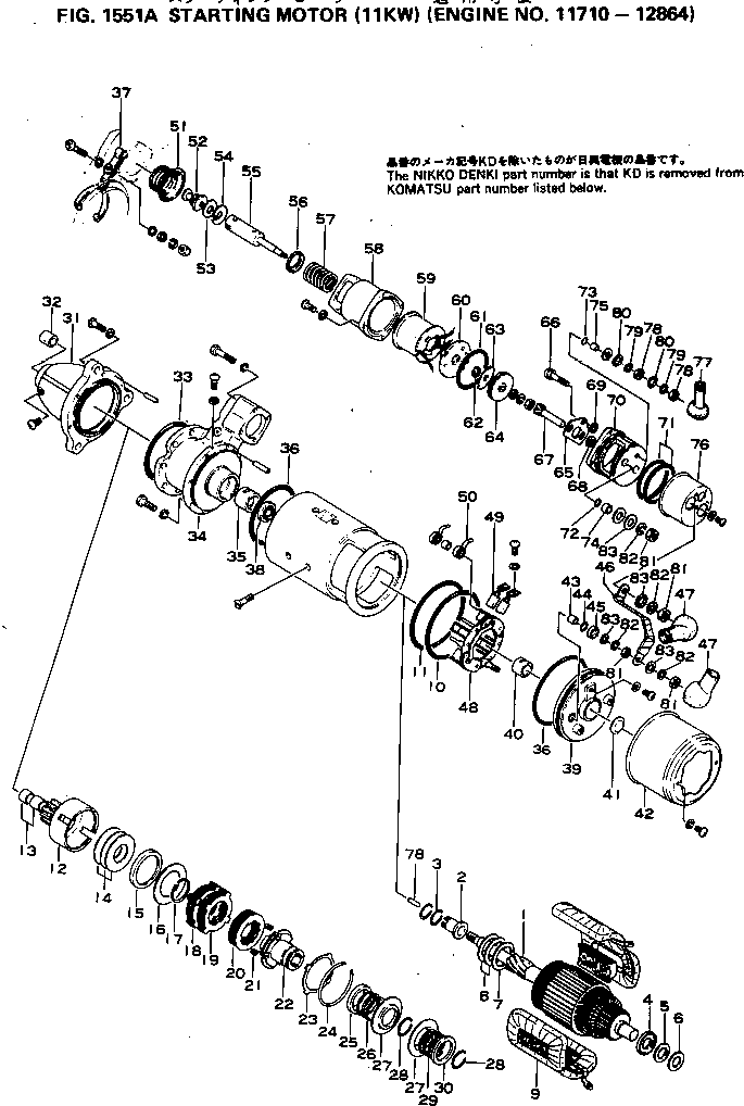 Komatsu parts book diagram for S6D155-4C S/N 10011-UP: STARTING MOTOR (11KW)(#11710-12864)