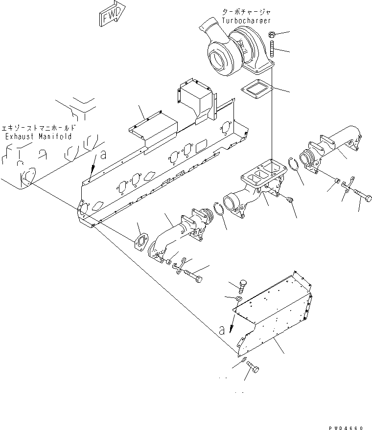 Komatsu parts book diagram for S6D155-4S S/N 52707-UP: EXHAUST MANIFOLD AND TURBOCHARGER (WITH COVER)(#57256-)
