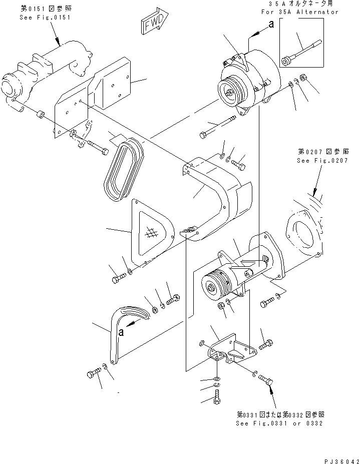 Komatsu parts book diagram for S6D155-4S S/N 52707-UP: ALTERNATOR AND MOUNTING (35A AND 50A)