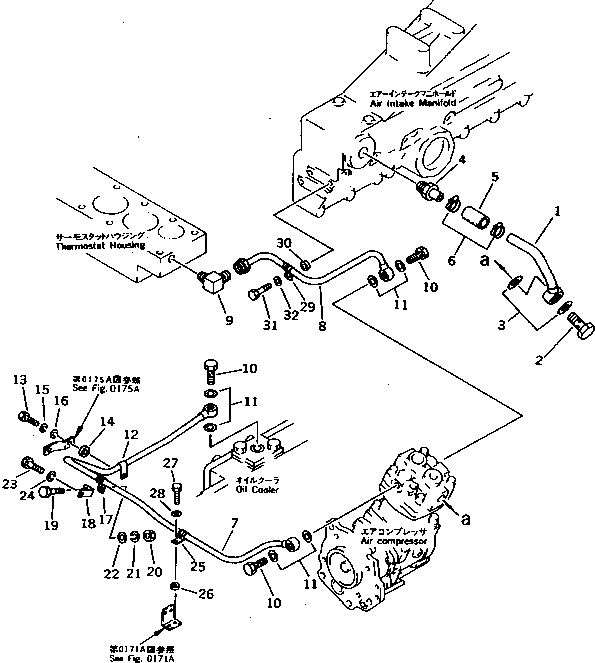 Komatsu parts book diagram for S6D170-1D S/N 10490-UP: AIR COMPRESSOR PIPING (1/2)(#13302-)