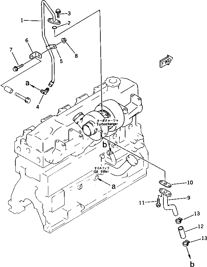 Komatsu parts book diagram for S6D95L-1F S/N 23413-UP: TURBOCHARGER LUBRICATING OIL PIPING