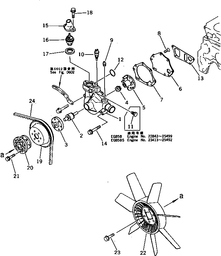 Komatsu parts book diagram for S6D95L-1F S/N 23413-UP: WATER PUMP AND COOLING FAN