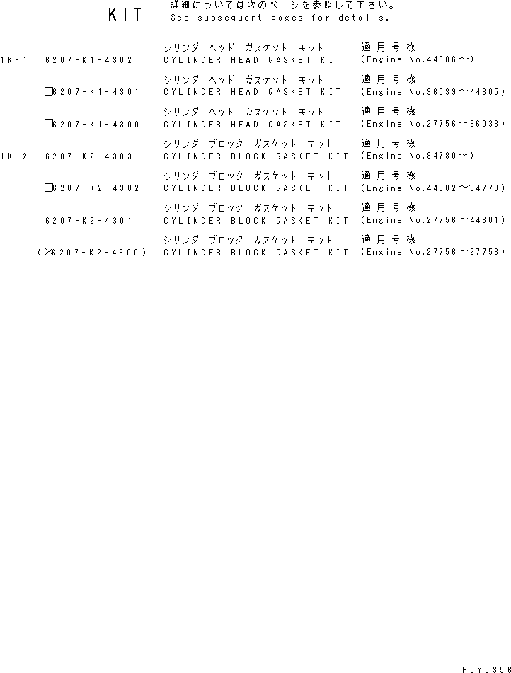 Komatsu parts book diagram for S6D95L-1Q S/N 27756-UP: GASKET KIT