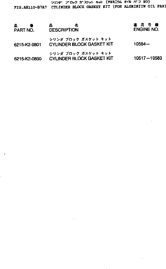 Komatsu parts book diagram for SA12V140-1M S/N 10517-UP: CYLINDER BLOCK GASKET KIT (FOR ALUMINIUM OIL PAN)