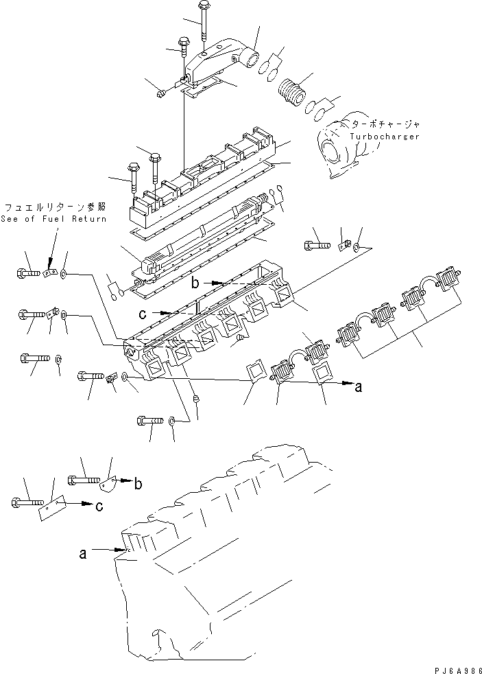 Komatsu parts book diagram for SA12V140-1E-A S/N 10001-UP: AIR INTAKE MANIFOLD AND AFTER COOLER (2/2) (R.H. BANK)(#10100-10232)