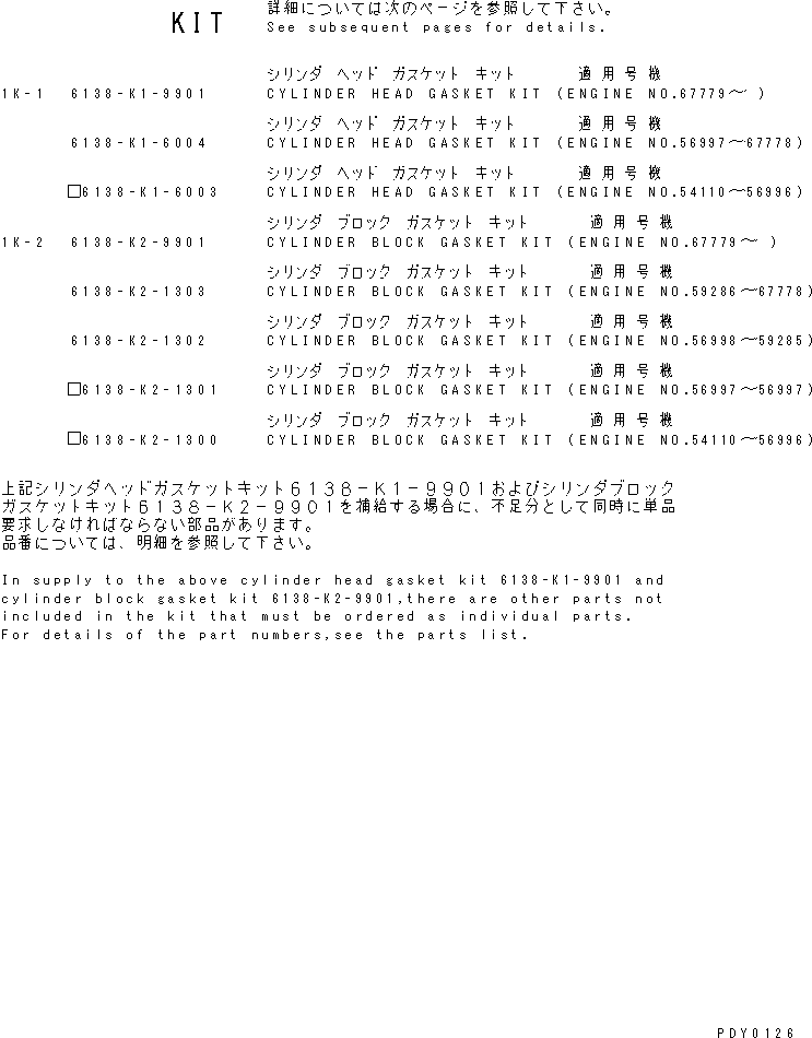 Komatsu parts book diagram for SA6D110-1W S/N 54110-UP: GASKET KIT