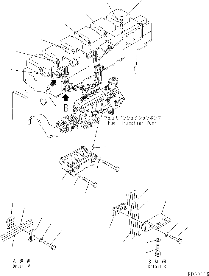 Komatsu parts book diagram for SA6D140-1EE S/N 17739-UP: FUEL INJECTION PUMP PIPING(#18454-)