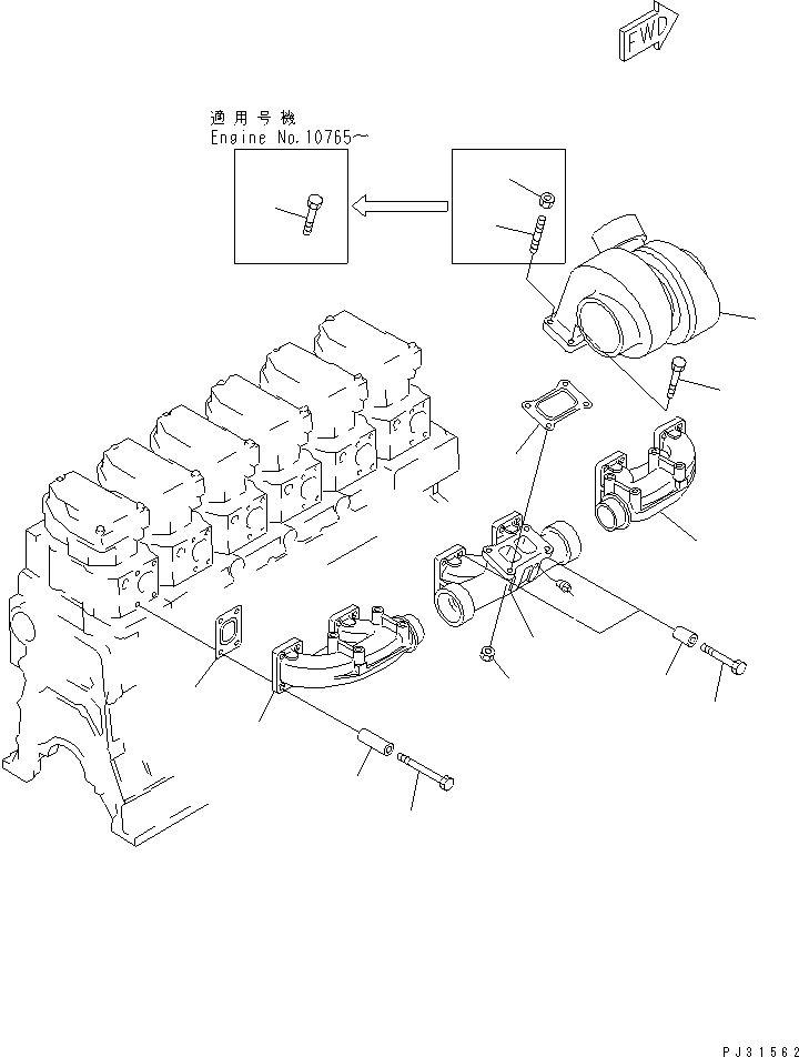 Komatsu parts book diagram for SA6D140-1E S/N 10428-UP: EXHAUST MANIFOLD AND TURBOCHARGER