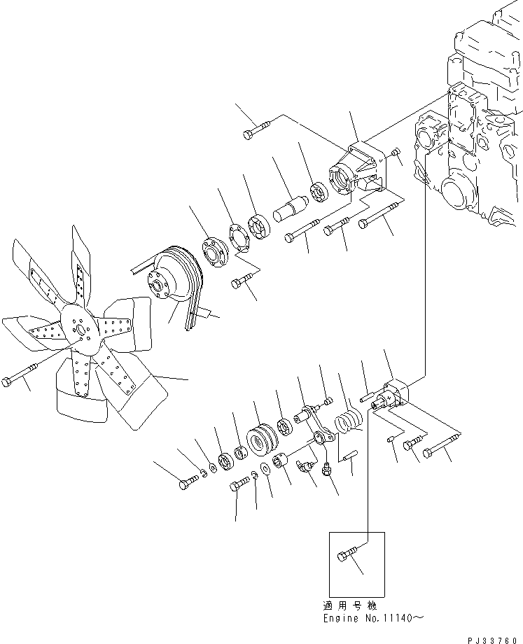 Komatsu parts book diagram for SA6D140-1E S/N 10428-UP: COOLING FAN AND TENSION PULLEY