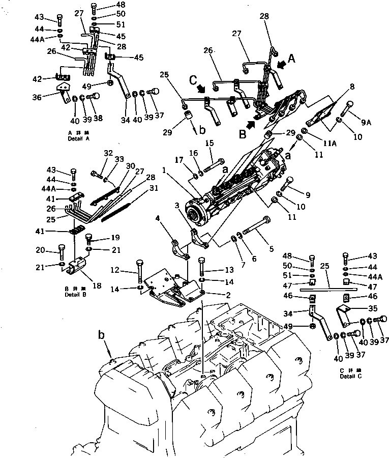 Komatsu parts book diagram for SA8V170-1B S/N 10007-UP: FUEL INJECTION PUMP AND PIPING (1/2)