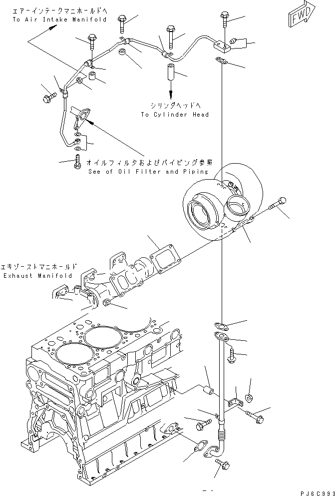 Komatsu parts book diagram for SAA6D140E-3D-8 S/N 110003-UP (Rear Engine): TURBOCHARGER AND OIL PIPING(#110134-)