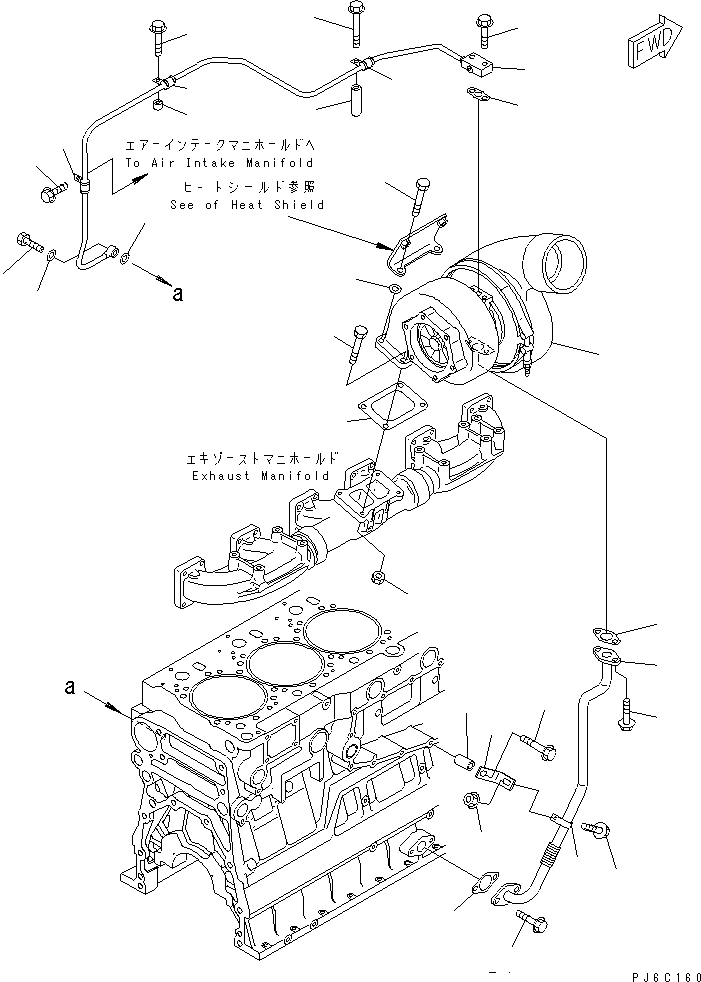 Komatsu parts book diagram for SAA6D140E-3J-1 S/N 111534-UP: TURBOCHARGER AND OIL PIPING(#110014-)