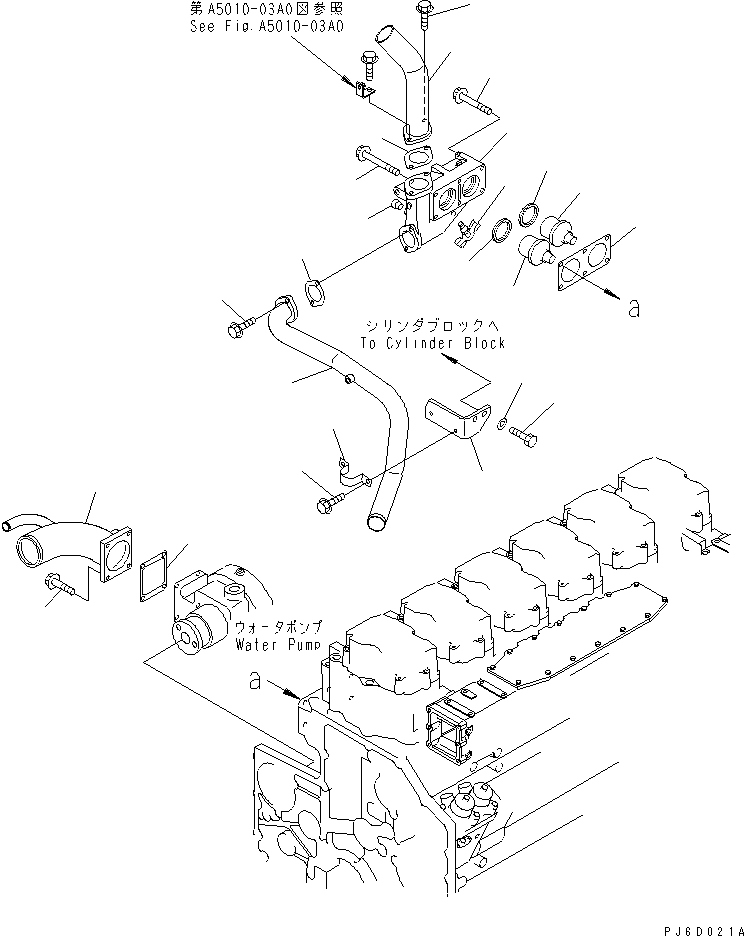 Komatsu parts book diagram for SAA6D140E-3J-1 S/N 111534-UP: THERMOSTAT AND WATER CONNECTOR