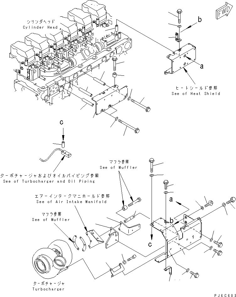 Komatsu parts book diagram for SAA6D140E-3G S/N 110003-UP: HEAT SHIELD (1/2) TURBOCHARGER AND EXHAUST MANIFOLD