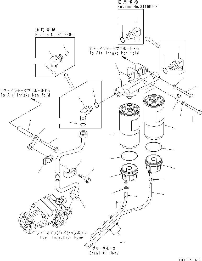 Komatsu parts book diagram for SAA6D170E-3BC-8C S/N 310001-UP: FUEL FILTER MOUNTING (EXTREMELY BAD FUEL GROUND SPEC.)(#311306-)