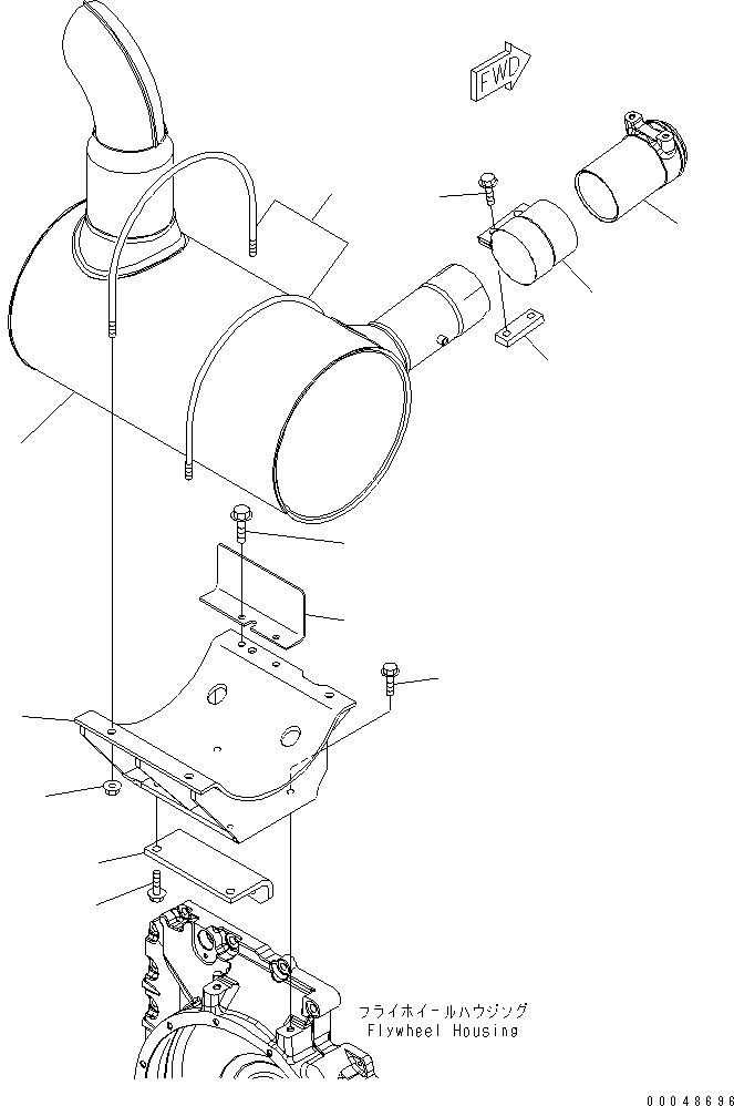 Komatsu parts book diagram for SAA6D107E-1G-W S/N 26500006-UP: EXHAUST MUFFLER AND MOUNTING BRACKET