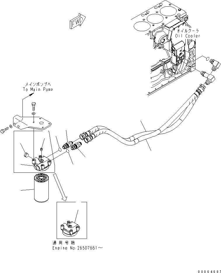 Komatsu parts book diagram for SAA6D107E-1G-W S/N 26500006-UP: OIL FILTER AND PIPING