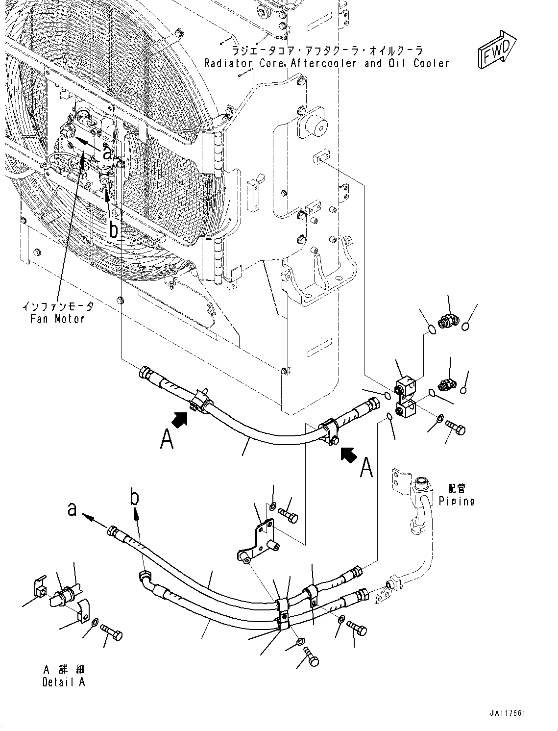 Komatsu parts book diagram for WA485-11E0 S/N H35051-UP: RADIATOR, FAN MOTOR PIPING