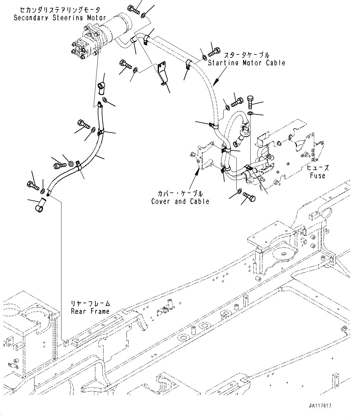 Komatsu parts book diagram for WA485-11E0 S/N H35051-UP: REAR WIRING HARNESS, SECONDARY STEERING CABLE