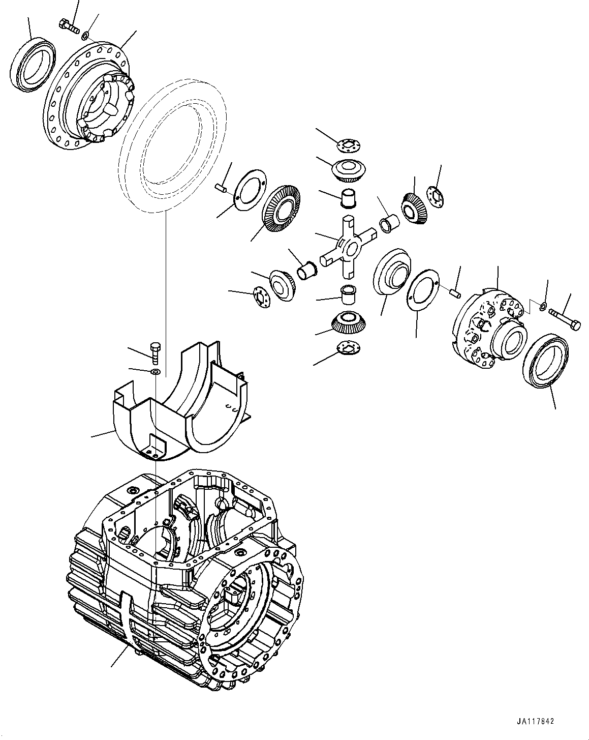 Komatsu parts book diagram for WA485-11E0 S/N H35051-UP: FRONT AXLE, WITHOUT LIMITED SLIP DIFFERENTIAL, DIFFERENTIAL, CASE AND HOUSING