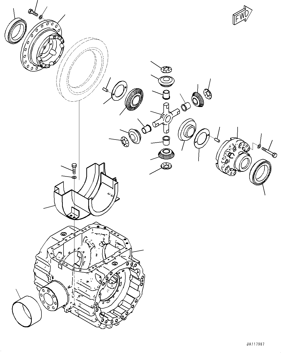 Komatsu parts book diagram for WA485-11E0 S/N H35051-UP: REAR AXLE, WITHOUT LIMITED SLIP DIFFERENTIAL, DIFFERENTIAL, CASE AND HOUSING