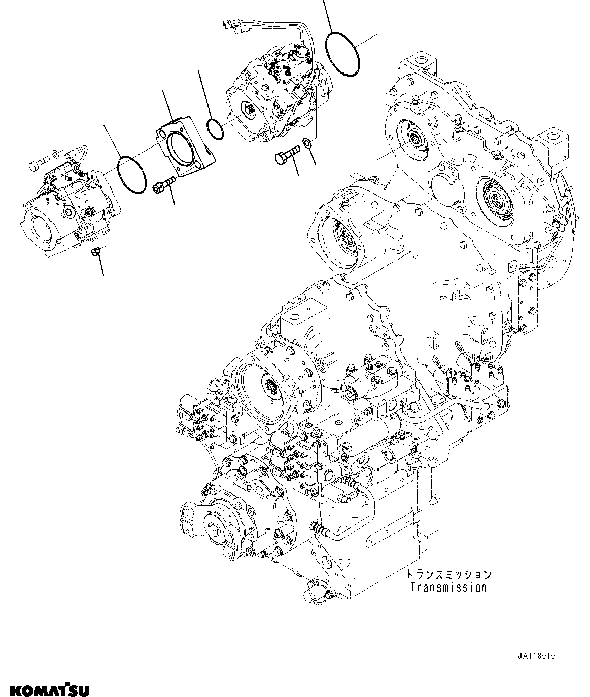 Komatsu parts book diagram for WA485-11E0 S/N H35051-UP: HYDRAULIC PUMP, WITHOUT AFJS, PISTON PUMP MOUNTING (2/3)