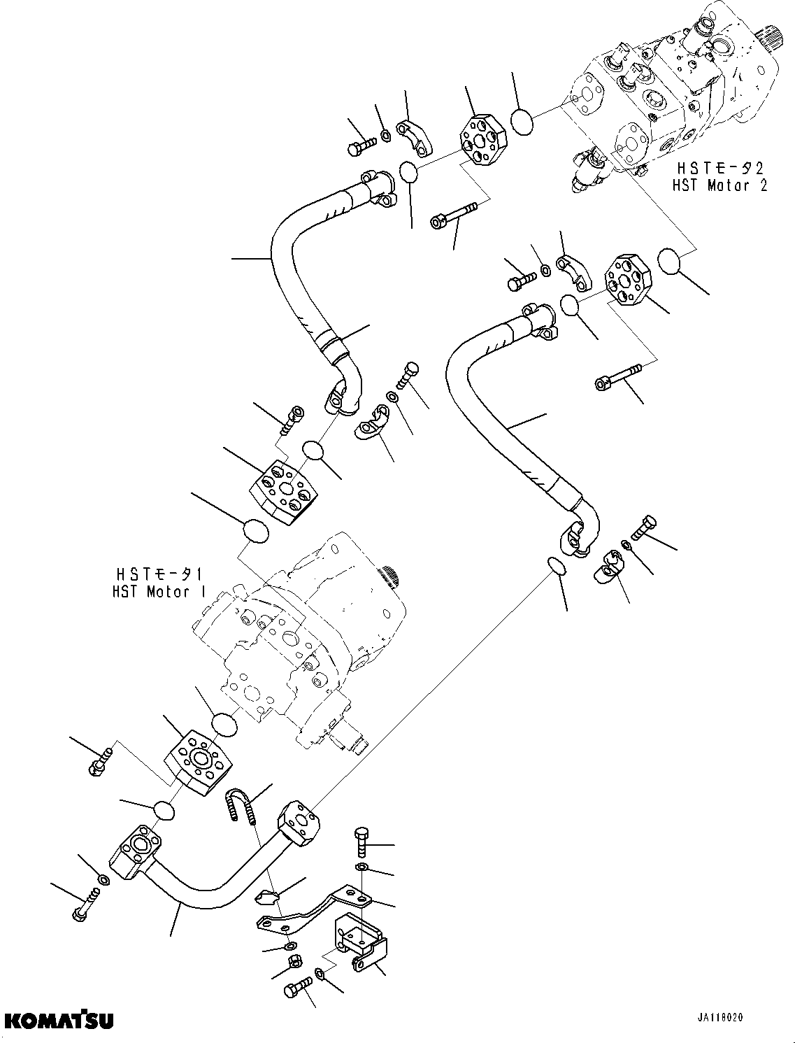 Komatsu parts book diagram for WA485-11E0 S/N H35051-UP: HYDRAULIC PUMP, WITH AFJS, HST MOTOR PIPING