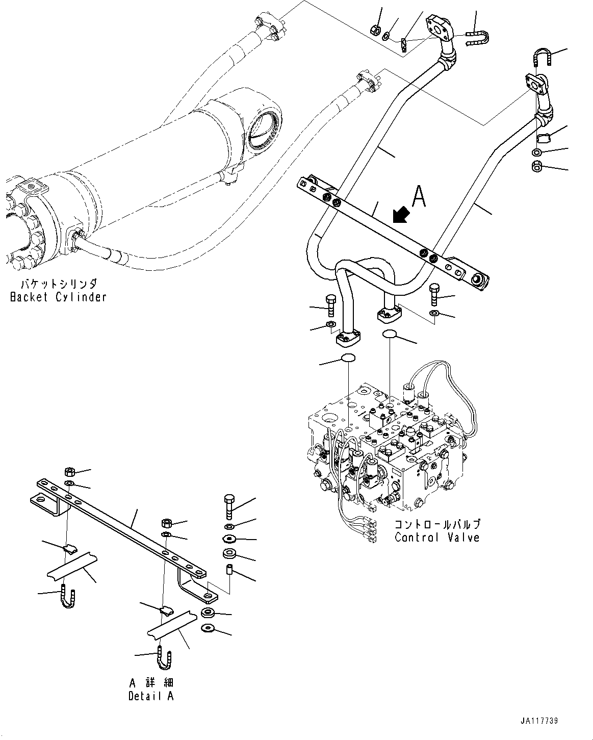 Komatsu parts book diagram for WA485-11E0 S/N H35051-UP: HYDRAULIC PIPING, WITH 3-SPOOL CONTROL VALVE, BUCKET CYLINDER PIPING