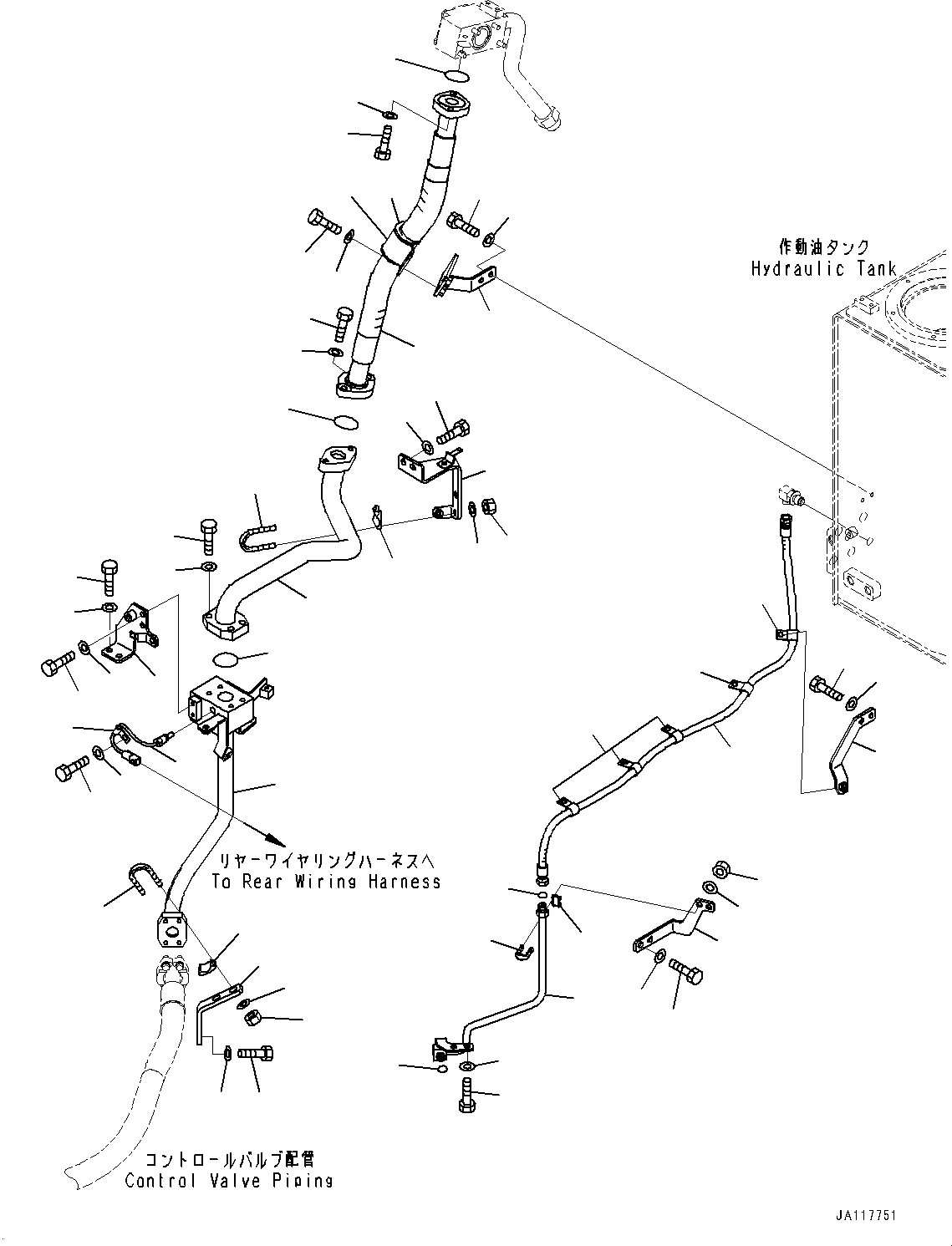 Komatsu parts book diagram for WA485-11E0 S/N H35051-UP: HYDRAULIC PIPING, WITH 2-SPOOL CONTROL VALVE, HYDRAULIC TANK PIPING (2/2)