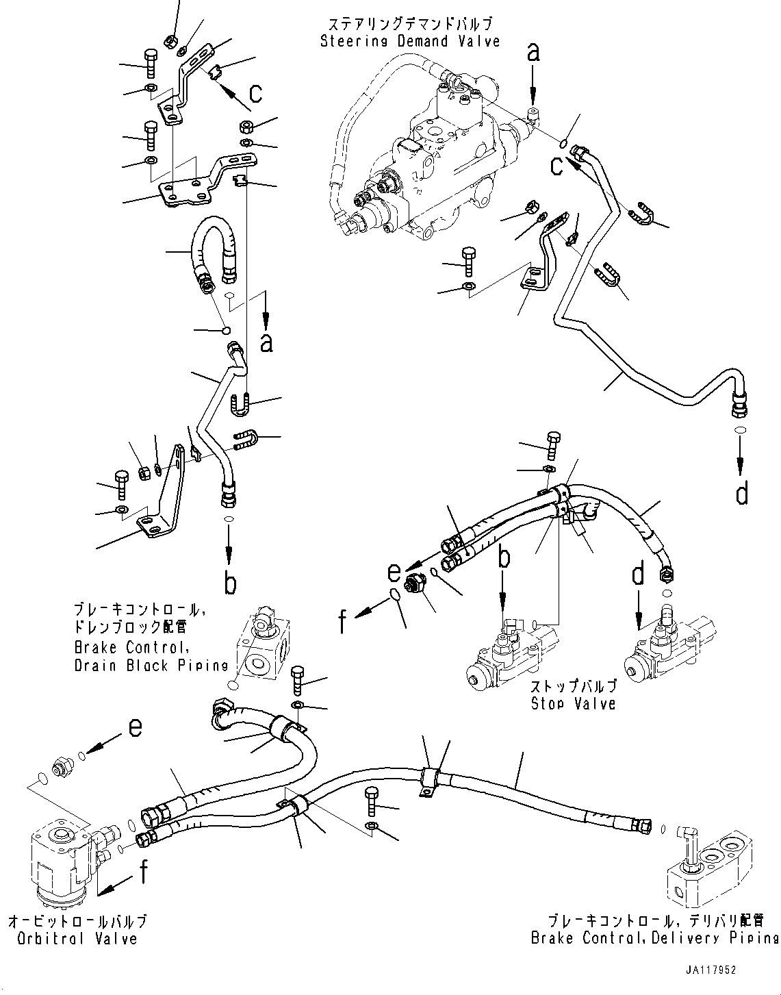 Komatsu parts book diagram for WA485-11E0 S/N H35051-UP: STEERING HYDRAULIC PIPING, WITHOUT AFJS, ORBITROL VALVE PIPING