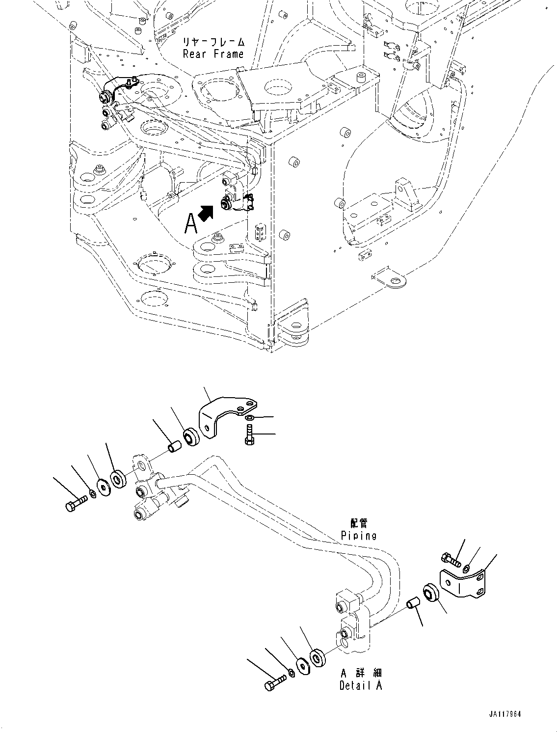 Komatsu parts book diagram for WA485-11E0 S/N H35051-UP: STEERING HYDRAULIC PIPING, WITH AFJS, PIPING MOUNTING BRACKET (1/2)