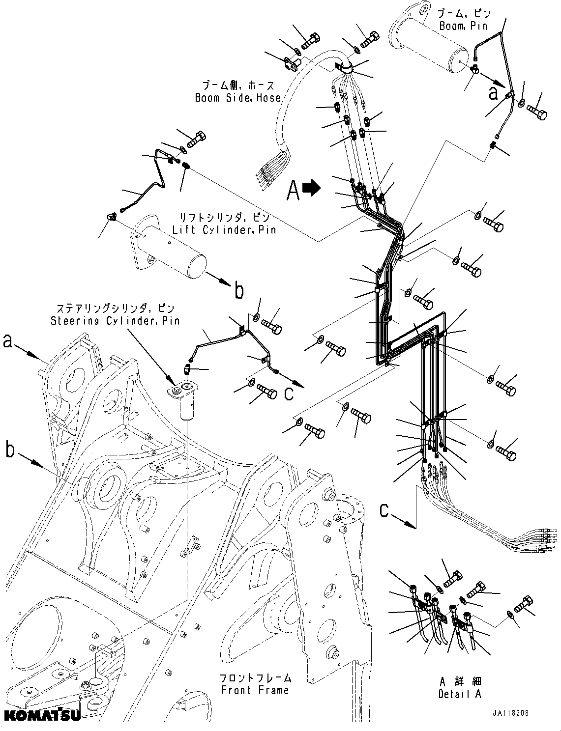 Komatsu parts book diagram for WA485-11E0 S/N H35051-UP: REMOTE GREASING SYSTEM, FRONT FRAME SIDE
