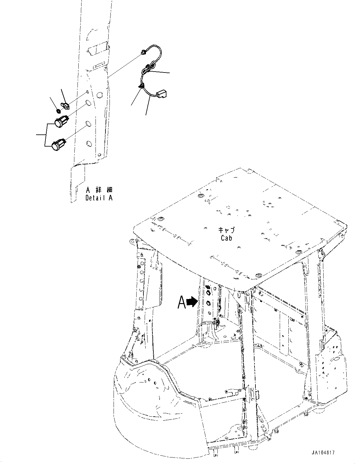 Komatsu parts book diagram for WA485-11E0 S/N H35051-UP: ROPS CAB AND FLOOR FRAME GROUP, WITH AFJS, AUX CABLE